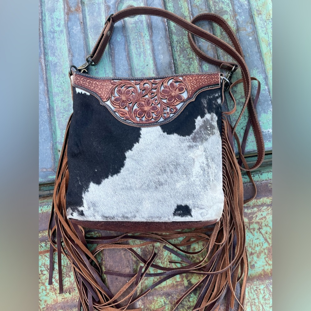 Myra Bag Black and White Cowhide Crossbody with Brown Fringe